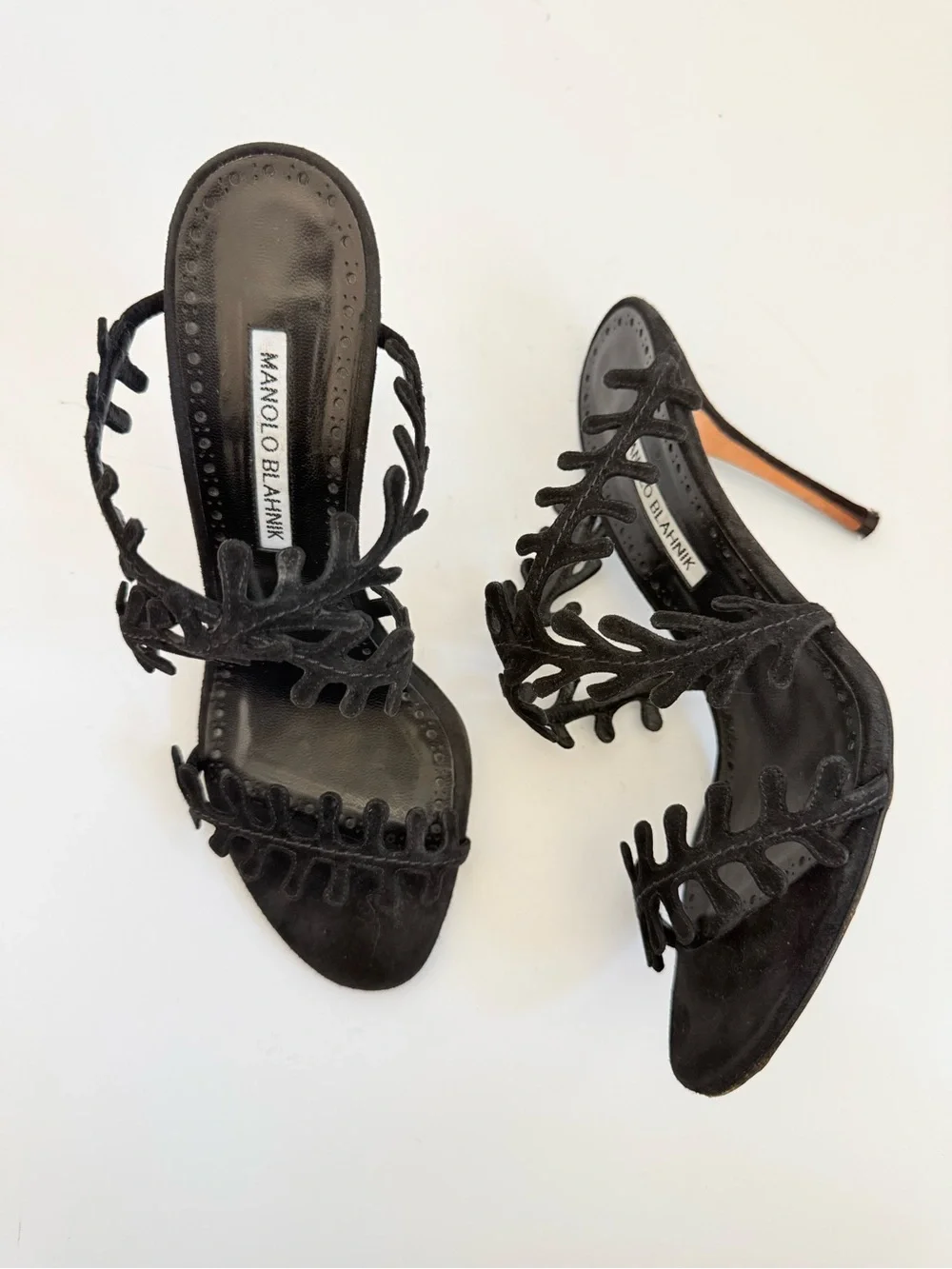 Vintage Manolo Blahnik Black Suede Coral Branch Heels 38.5 Rare Y2K Archival
